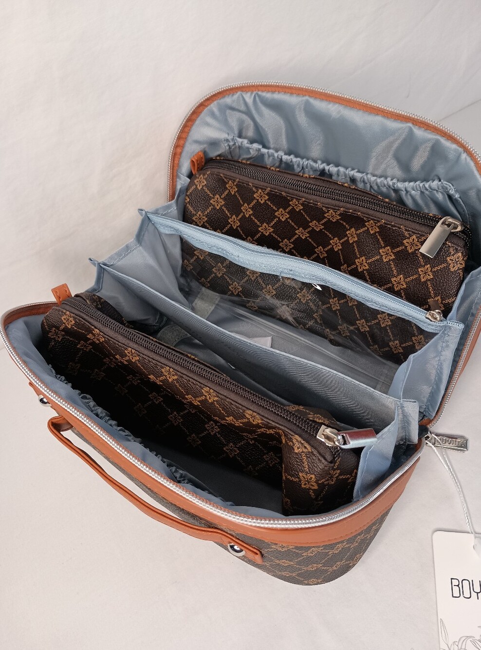 Women's Vegan Leather Travel EssentialsMake-up Cosmetic Bag 3pc Set with Handle - Picture 6 of 7